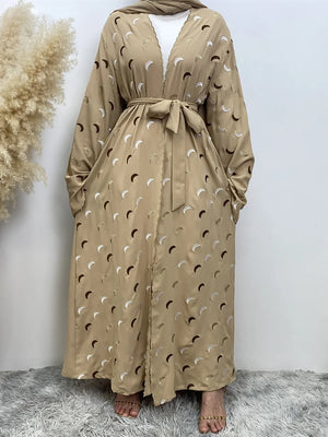 Crescent Embroidered Open Abaya — Beige | HIA