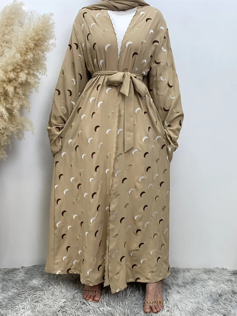 Crescent Embroidered Open Abaya — Beige | HIA