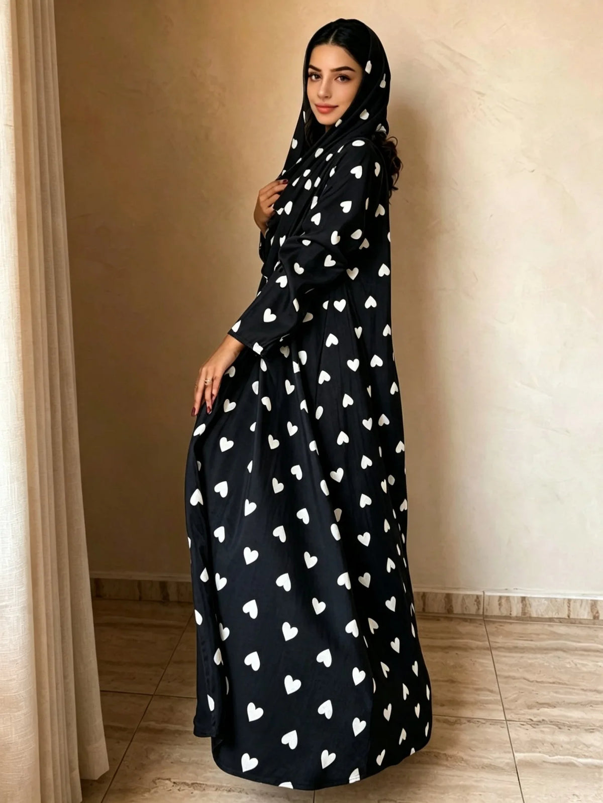 Heart Print Abaya & Hijab Set — Black with White Hearts side view