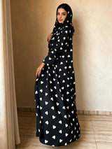 Heart Print Abaya & Hijab Set — Black with White Hearts side view