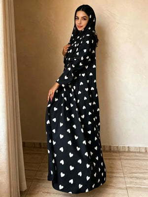 Heart Print Abaya & Hijab Set — Black with White Hearts side view