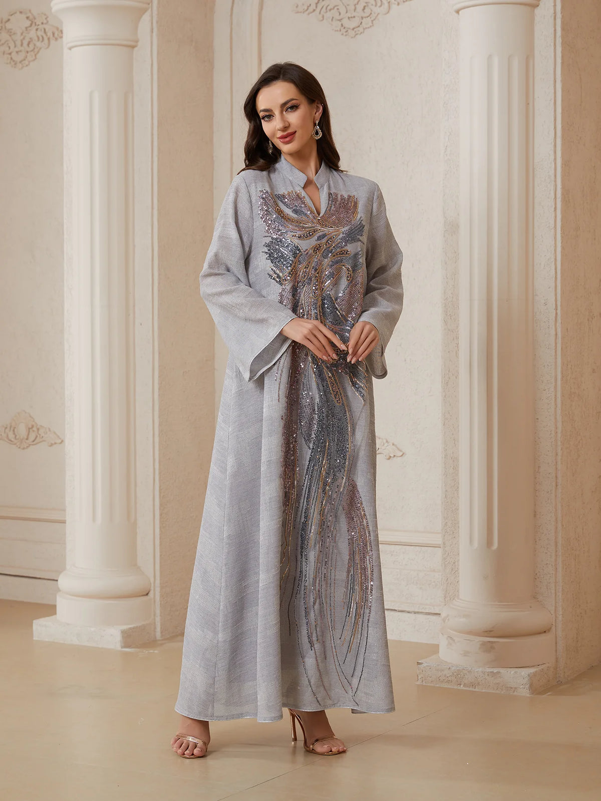 Sequin Feather-Pattern Kaftan Dress — Gray neckline and front detail
