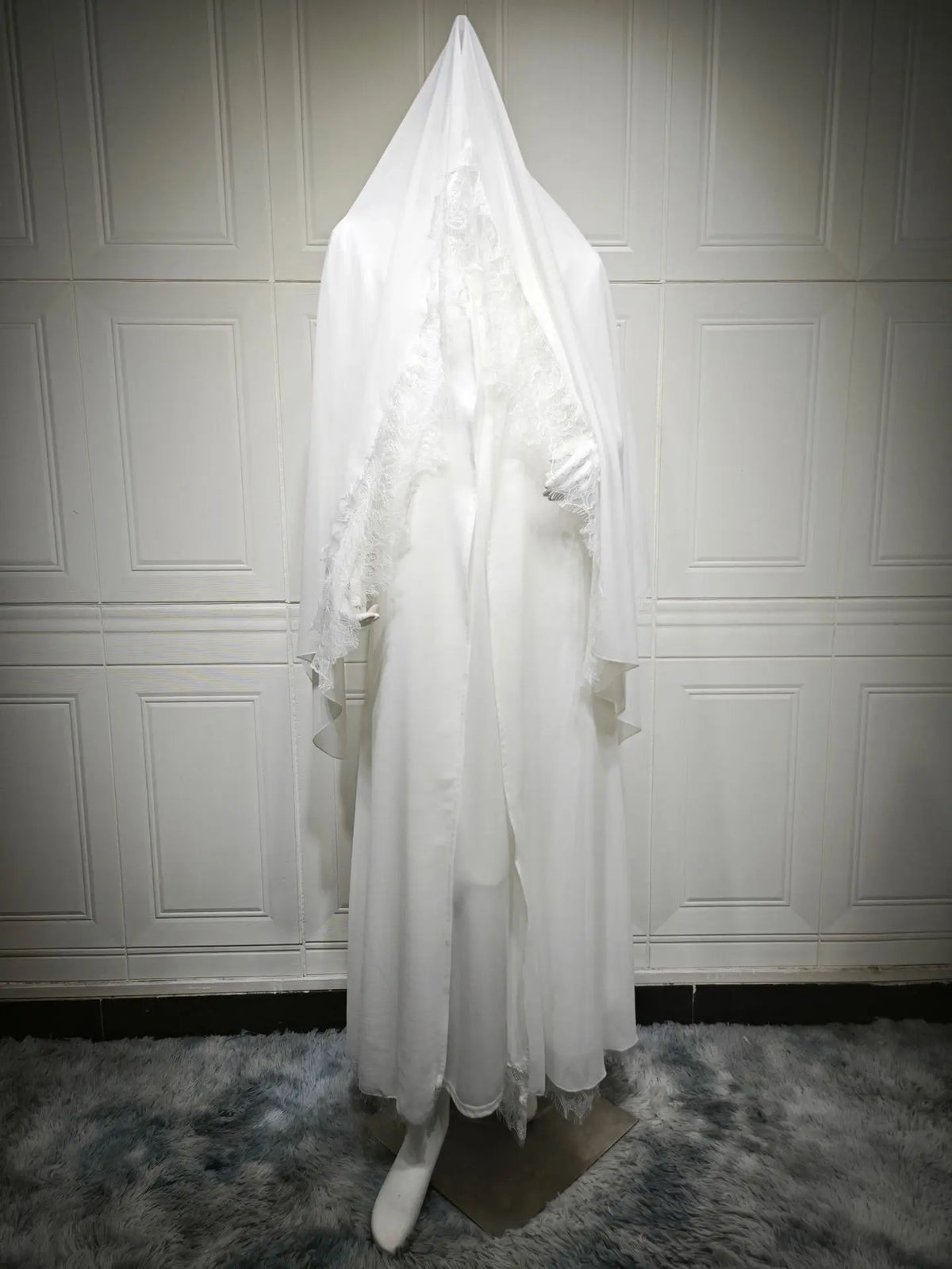 HIA White Lace-Trim Open Abaya & Hijab Set — matching abaya and hijab on mannequin