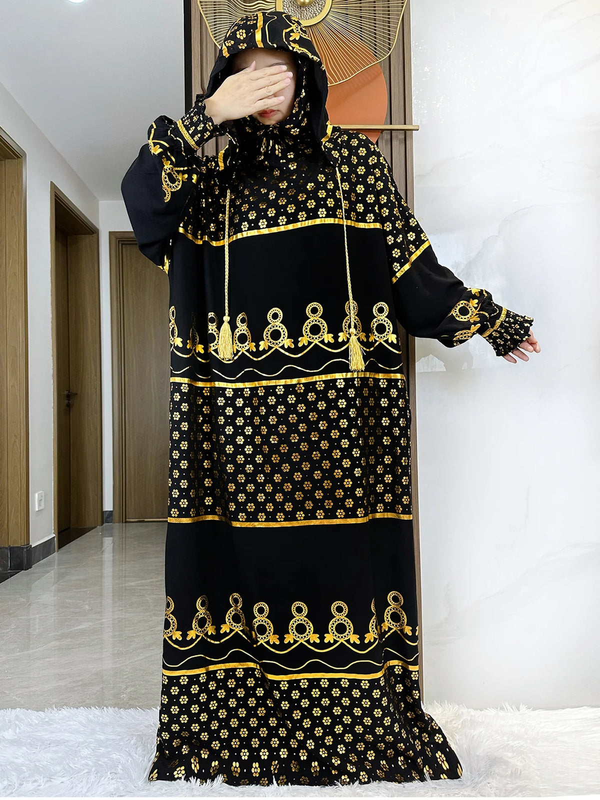 Ornate Gold-Print Prayer Dress in Gold Border — HIA