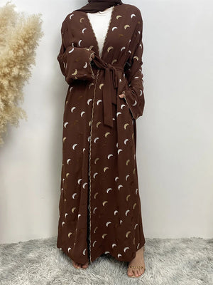 Crescent Embroidered Open Abaya — Coffee | HIA