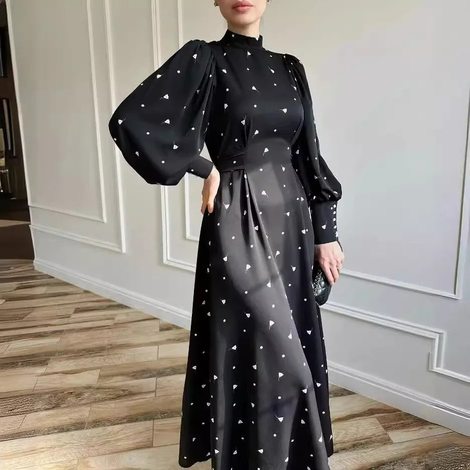 HIA Dotted Tie-Waist Maxi Dress — gathered sleeve and tie-waist detail