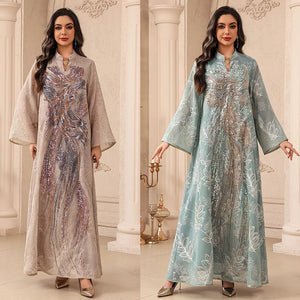 HIA Sequined Botanical Embroidered Abaya — Purple and Green full-length view