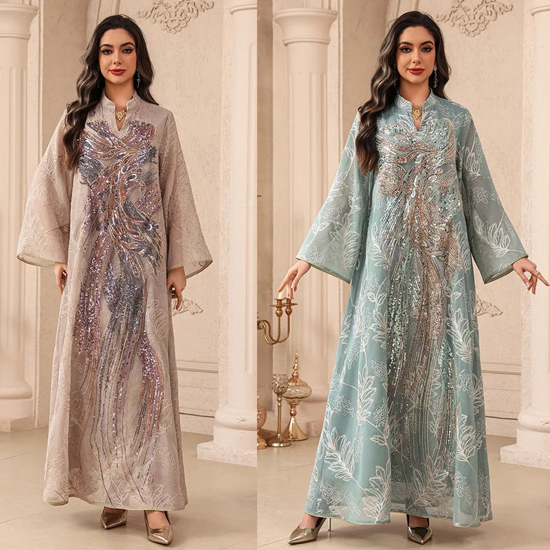 HIA Sequined Botanical Embroidered Abaya — Purple and Green full-length view