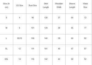 Supplier garment size chart for HIA Vintage Floral Long Dress, S to XXL