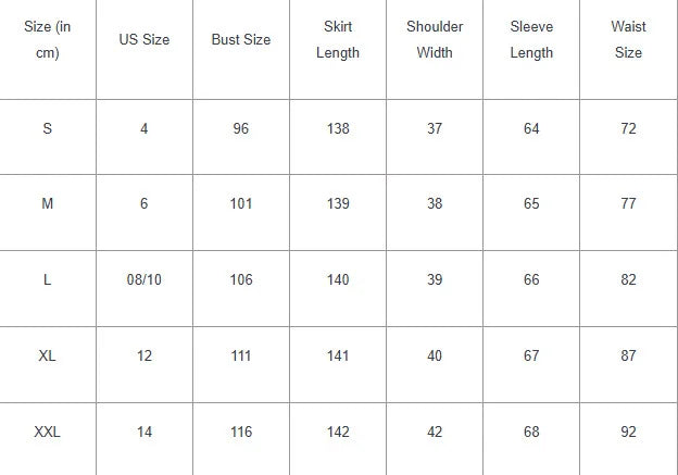 Supplier garment size chart for HIA Vintage Floral Long Dress, S to XXL