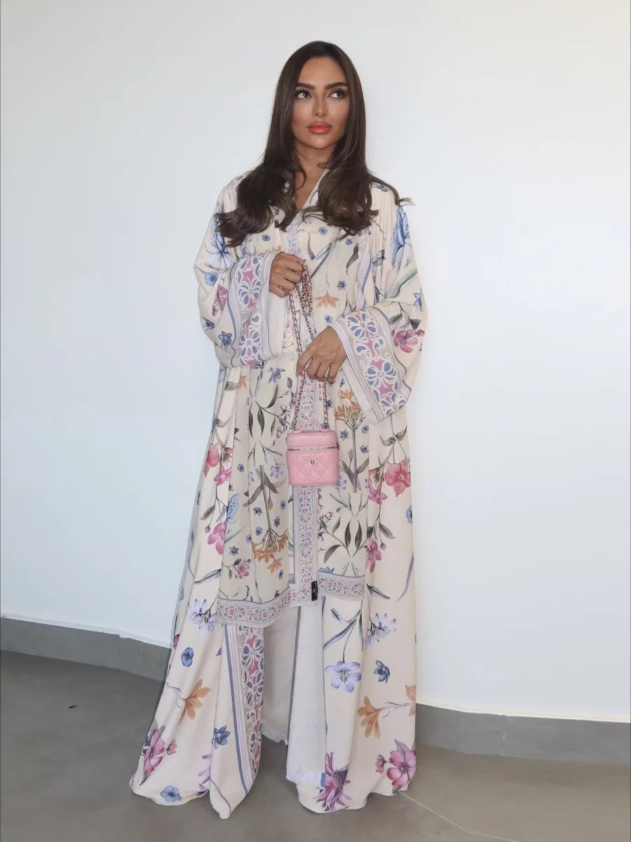 HIA Floral Border Open Abaya — Ivory Floral, full front view