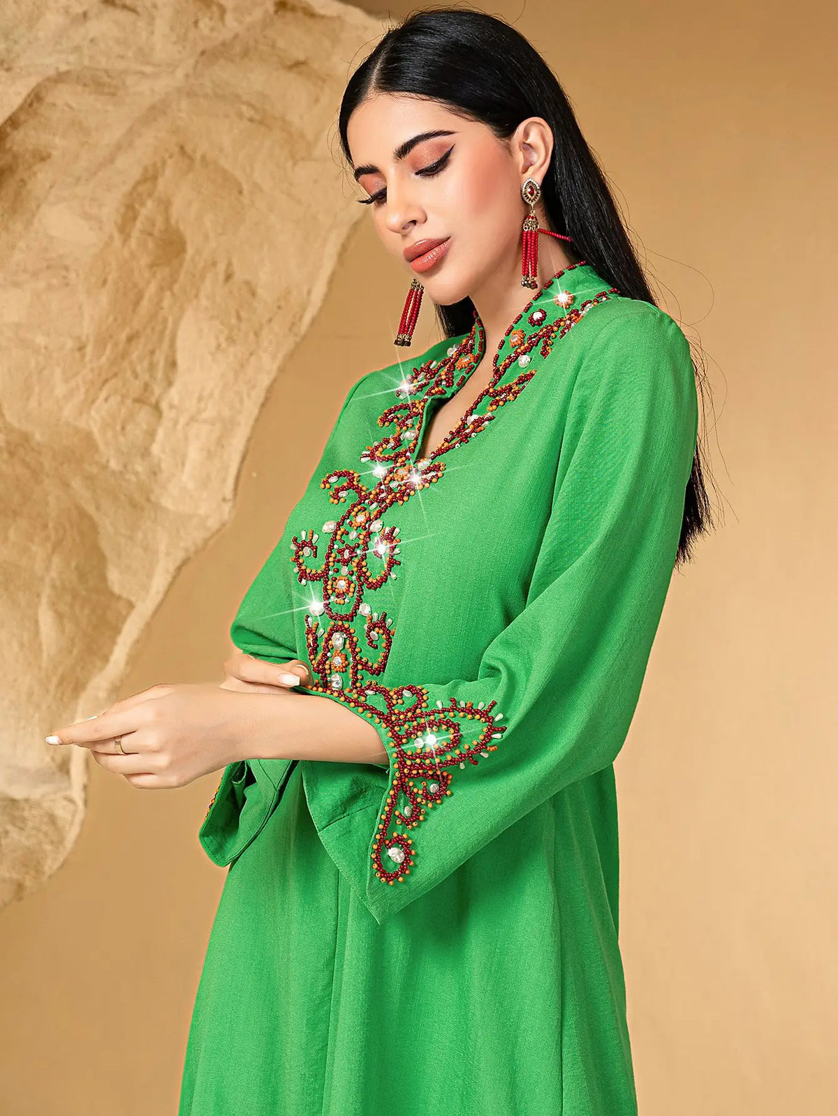 Embellished Neckline Occasion Dress — Green neckline detail