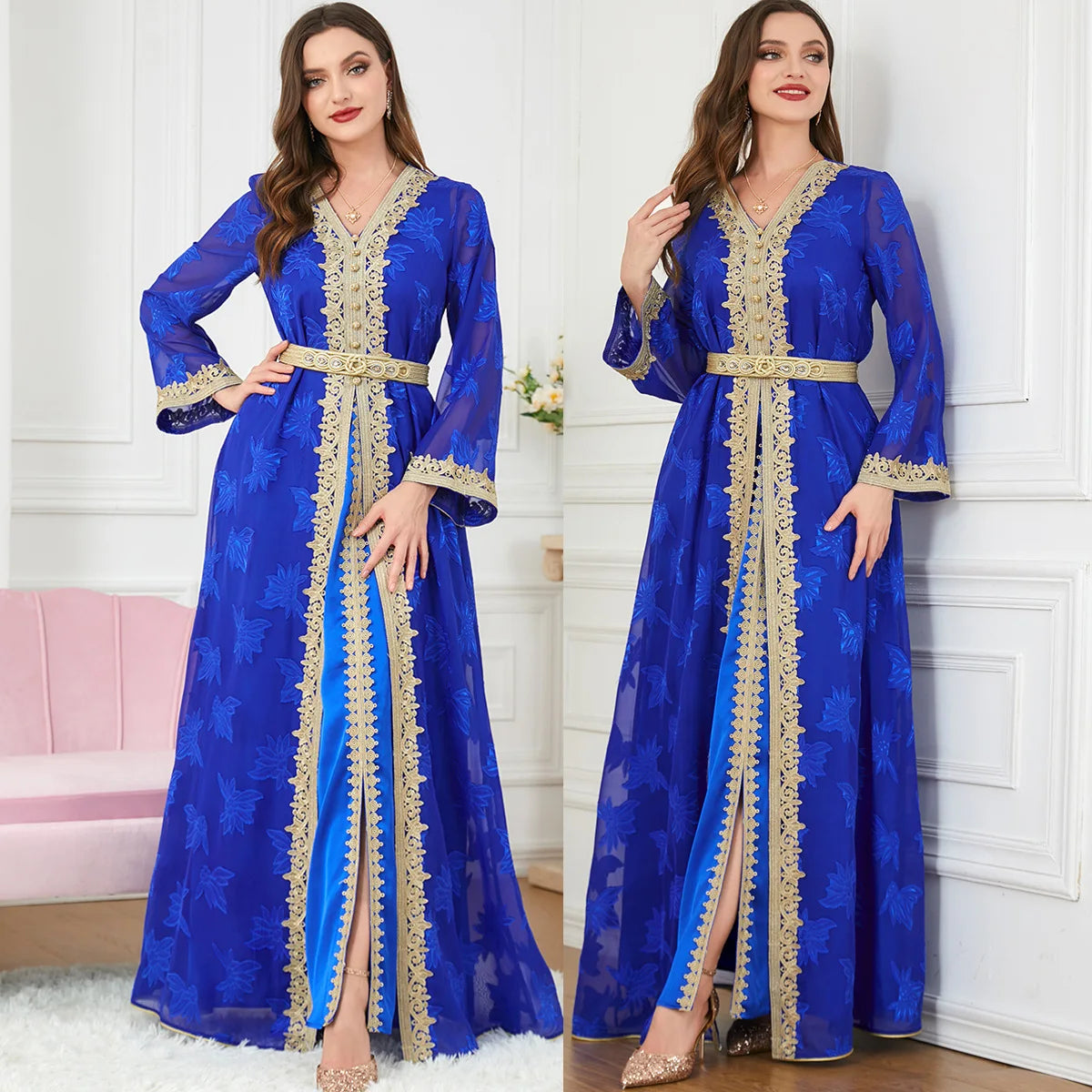 HIA Gilded Floral Abaya & Dress Set — Royal blue front views