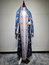 HIA Floral Border Open Abaya — Blue Floral, front view on mannequin
