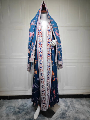 HIA Floral Border Open Abaya — Blue Floral, front view on mannequin