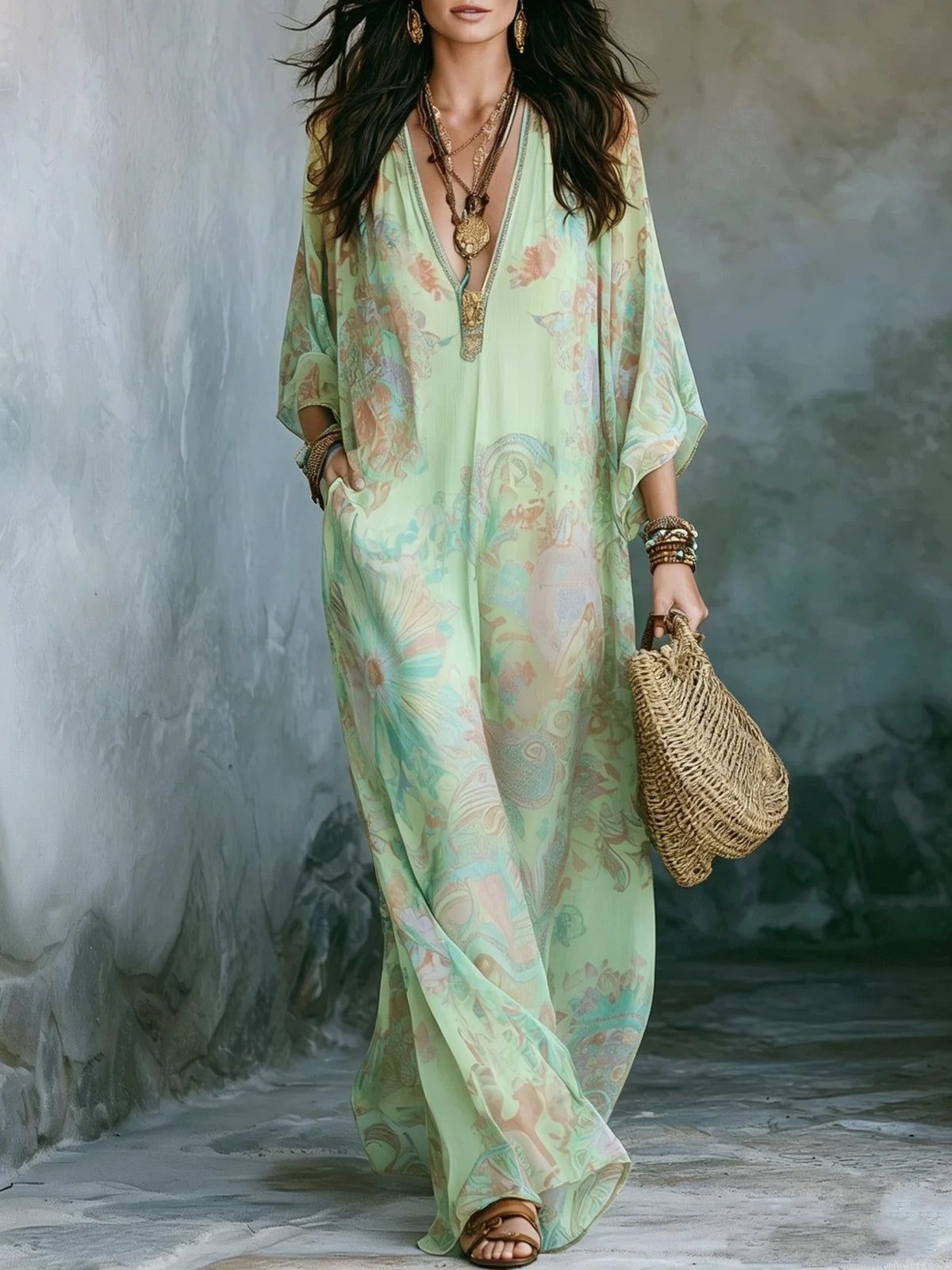 HIA pastel paisley V-neck kaftan — Yellow mannequin back view