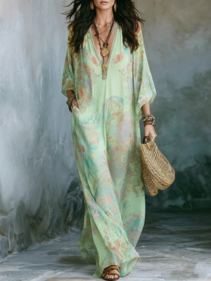 HIA pastel paisley V-neck kaftan — Yellow mannequin back view