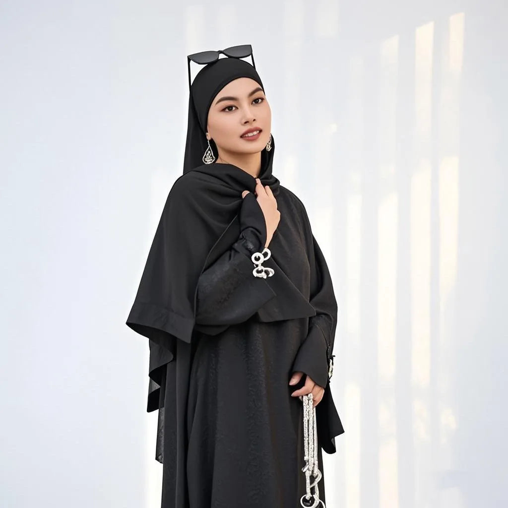 HIA Bow-Cuff Satin Abaya — Black upper body
