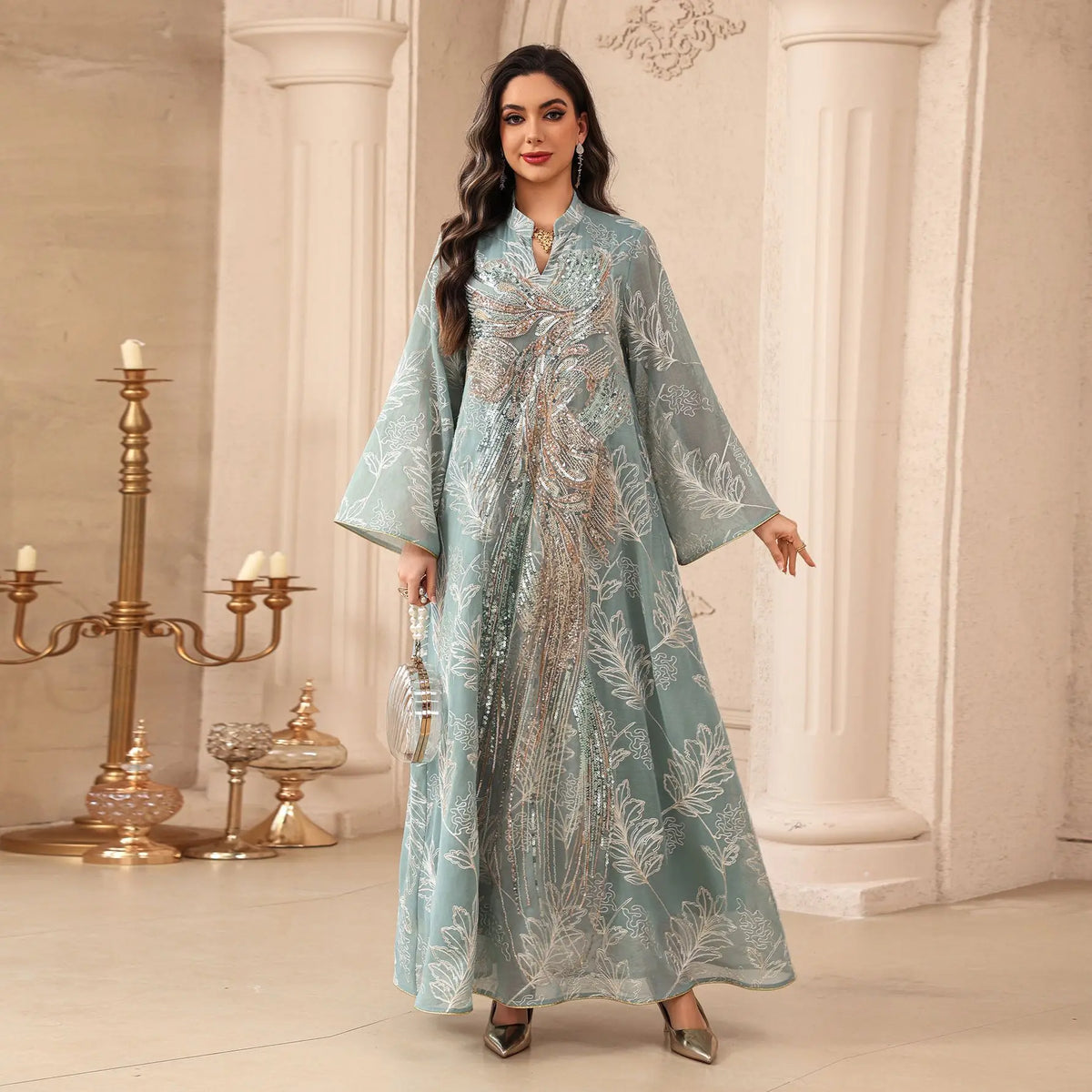 HIA Sequined Botanical Embroidered Abaya — Green front view