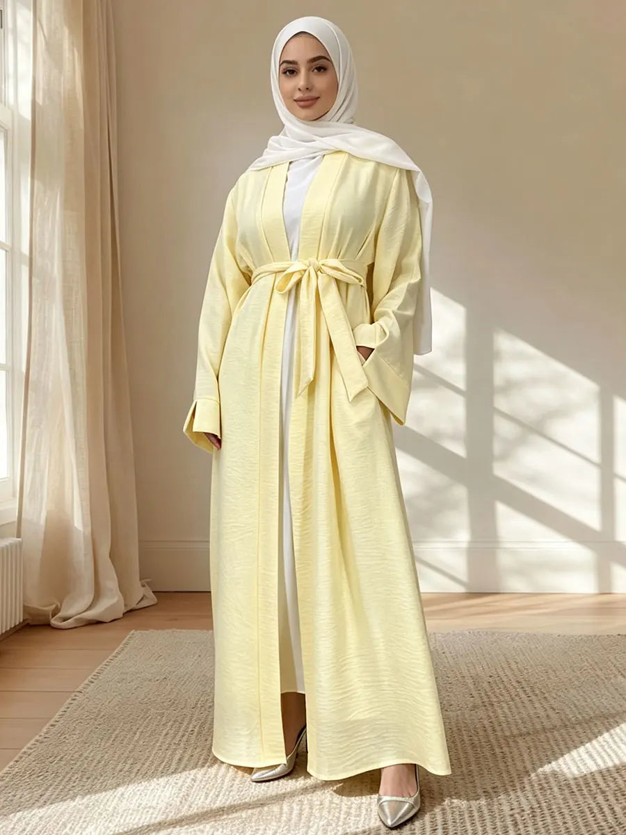 Full-length front view of the Yellow belted open abaya