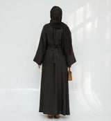 HIA Bow-Cuff Satin Abaya — Coffee back view