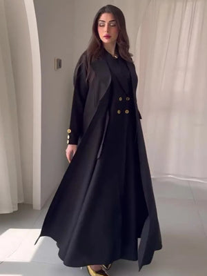 HIA Collared Button-Detail Abaya in black, full-length model view