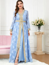 HIA Gilded Floral Abaya & Dress Set — Royal blue full-length view