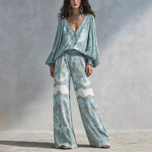 Seafoam Paisley Blouse & Wide-Leg Pants Set — blouse and wide-leg silhouette