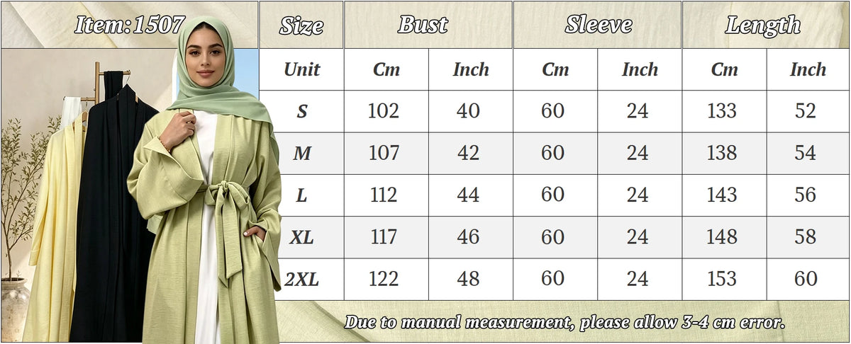 Supplier size chart for S to XXL belted flared-sleeve abaya