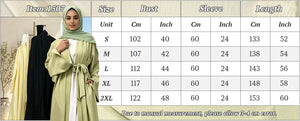 Supplier size chart for S to XXL belted flared-sleeve abaya