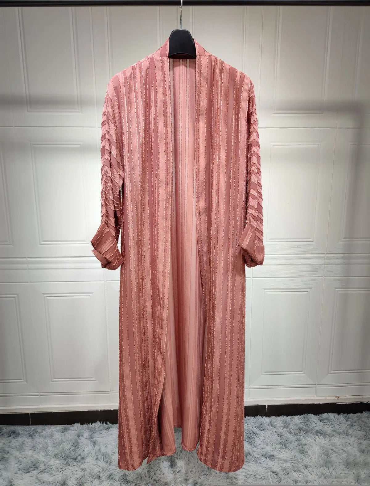 Textured Stripe Open Abaya in Brick Red — HIA