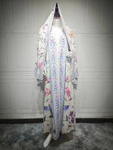 HIA Floral Border Open Abaya — Ivory Floral, front view on mannequin
