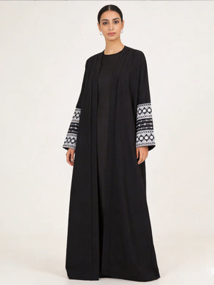 HIA black open abaya with white patterned cuffs – front view