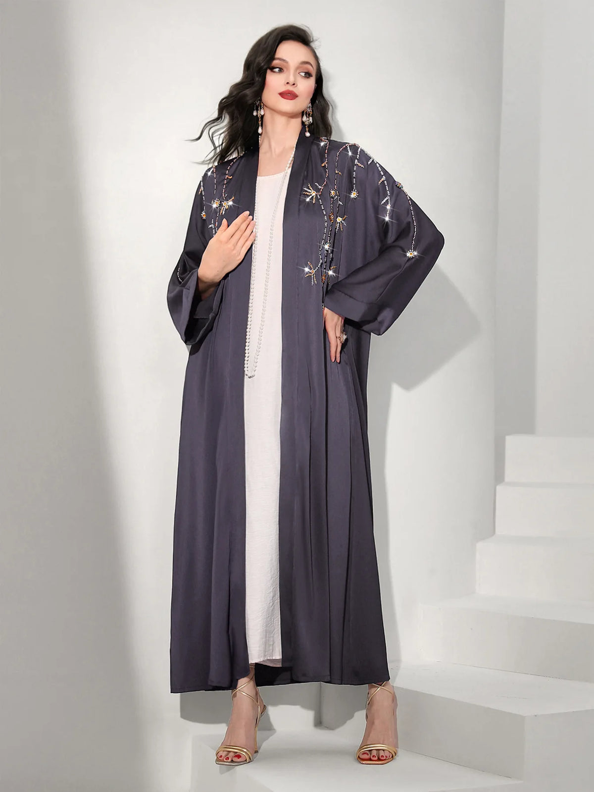 HIA Celestial Beaded Open Abaya — Styled open view