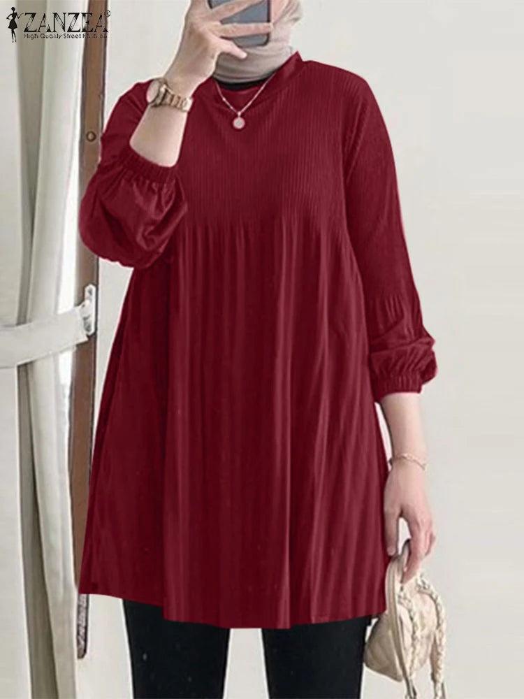 ZANZEA Pleated Long Blouse – O-Neck, Long Sleeve