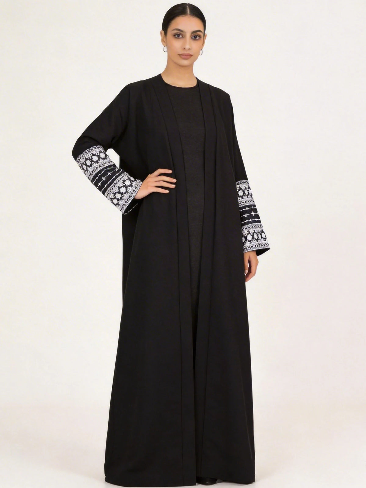 HIA black contrast-cuff open abaya – alternate front view