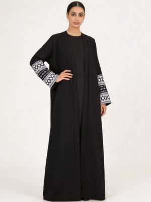 HIA black contrast-cuff open abaya – alternate front view