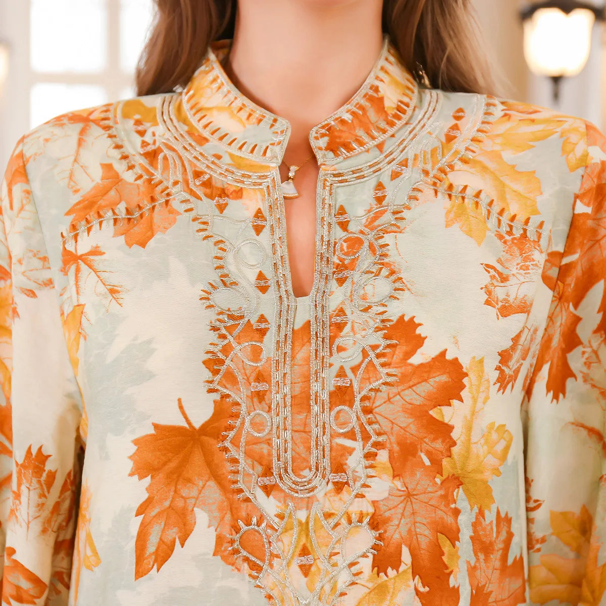 Maple Leaf Print Kaftan Dress — Orange full-length front