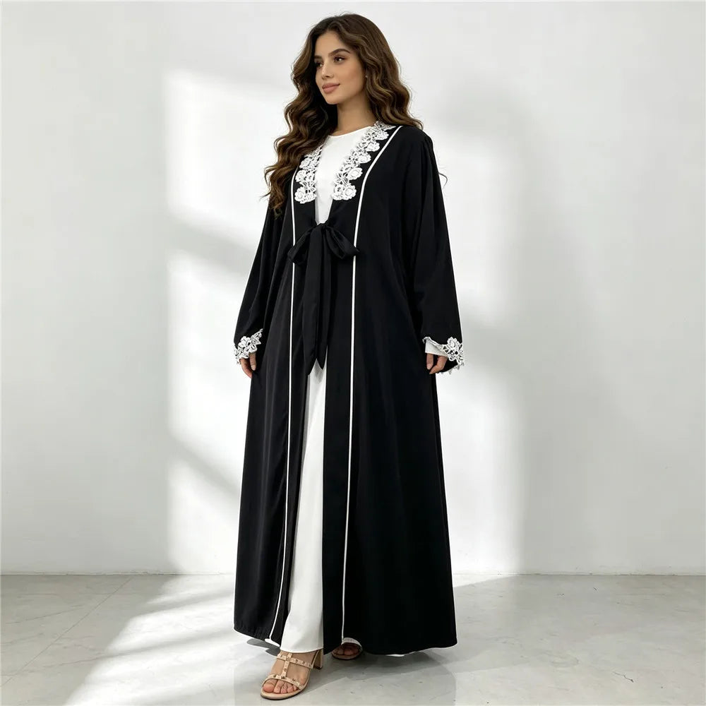Lace-Trim Tie-Front Open Abaya — product image 2 | HIA
