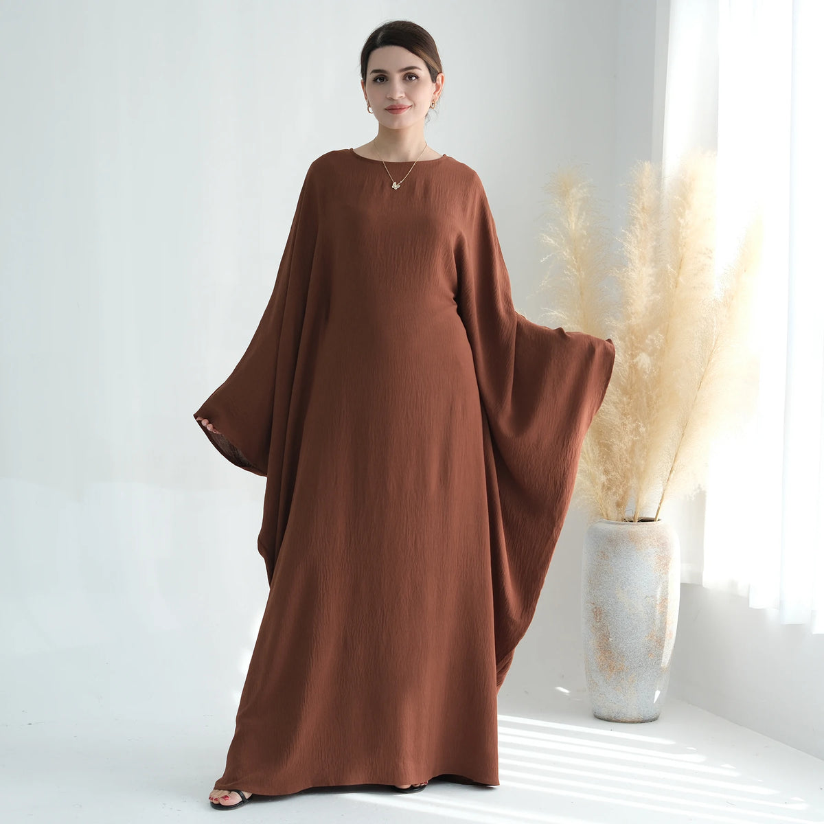 Coffee brown flowing abaya front view