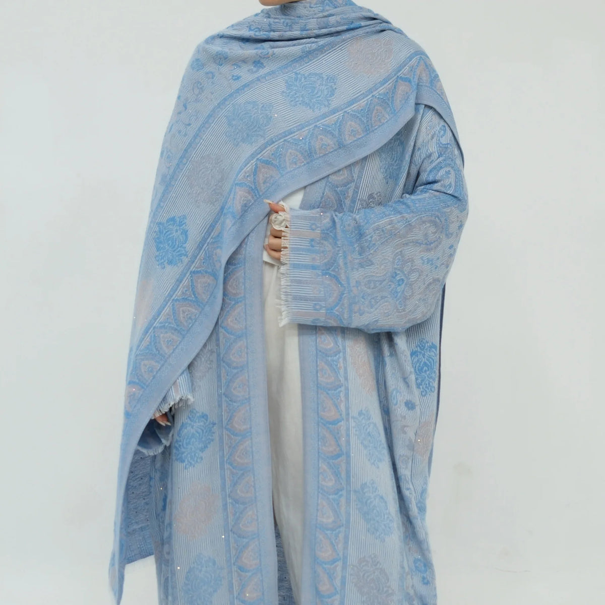 Ornate Paisley Abaya & Shawl Set — Sky Blue pattern and shawl detail