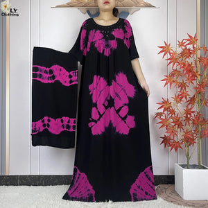 Black & Magenta botanical-print dress with coordinating scarf