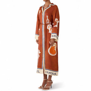 Terracotta art print dress styled loose