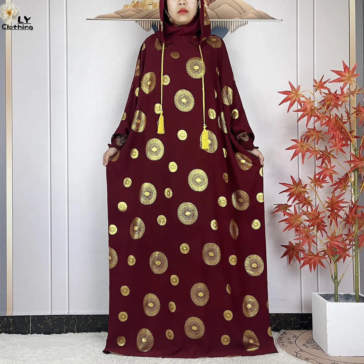 Printed Hooded Prayer Dress — Burgundy | HIA