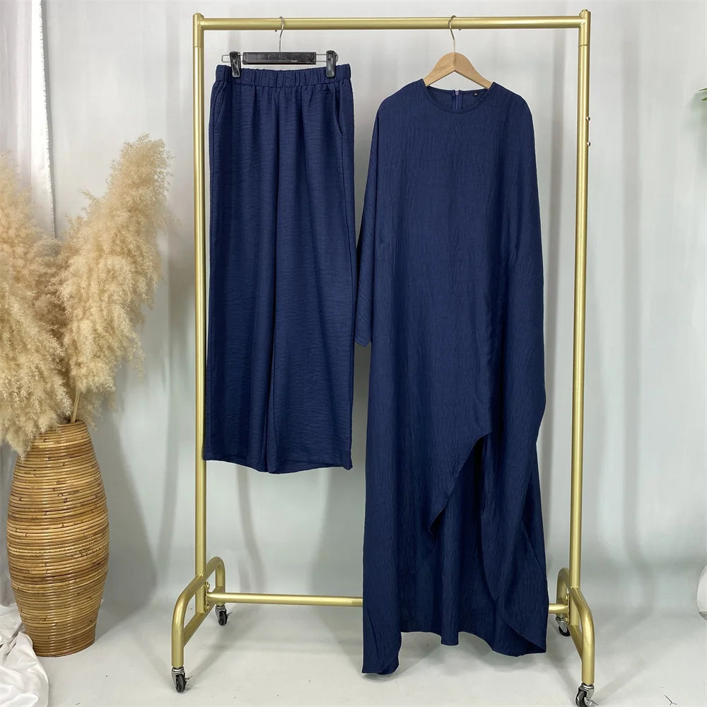 HIA Ruched Crinkle Tunic & Wide-Leg Trousers Set — outfit and fabric detail, view 8