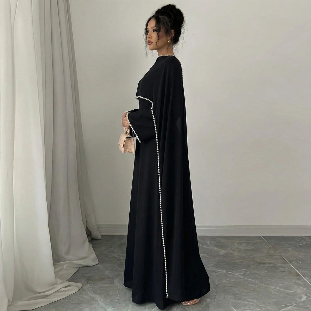 Pearl-Trim Cape Maxi Dress — White back cape