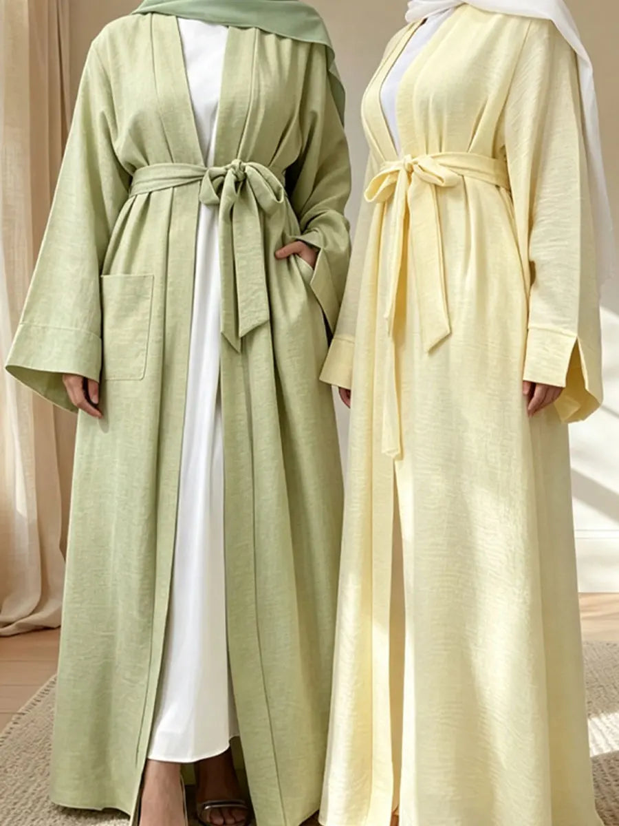Green and Yellow open abayas showing the tie-waist detail