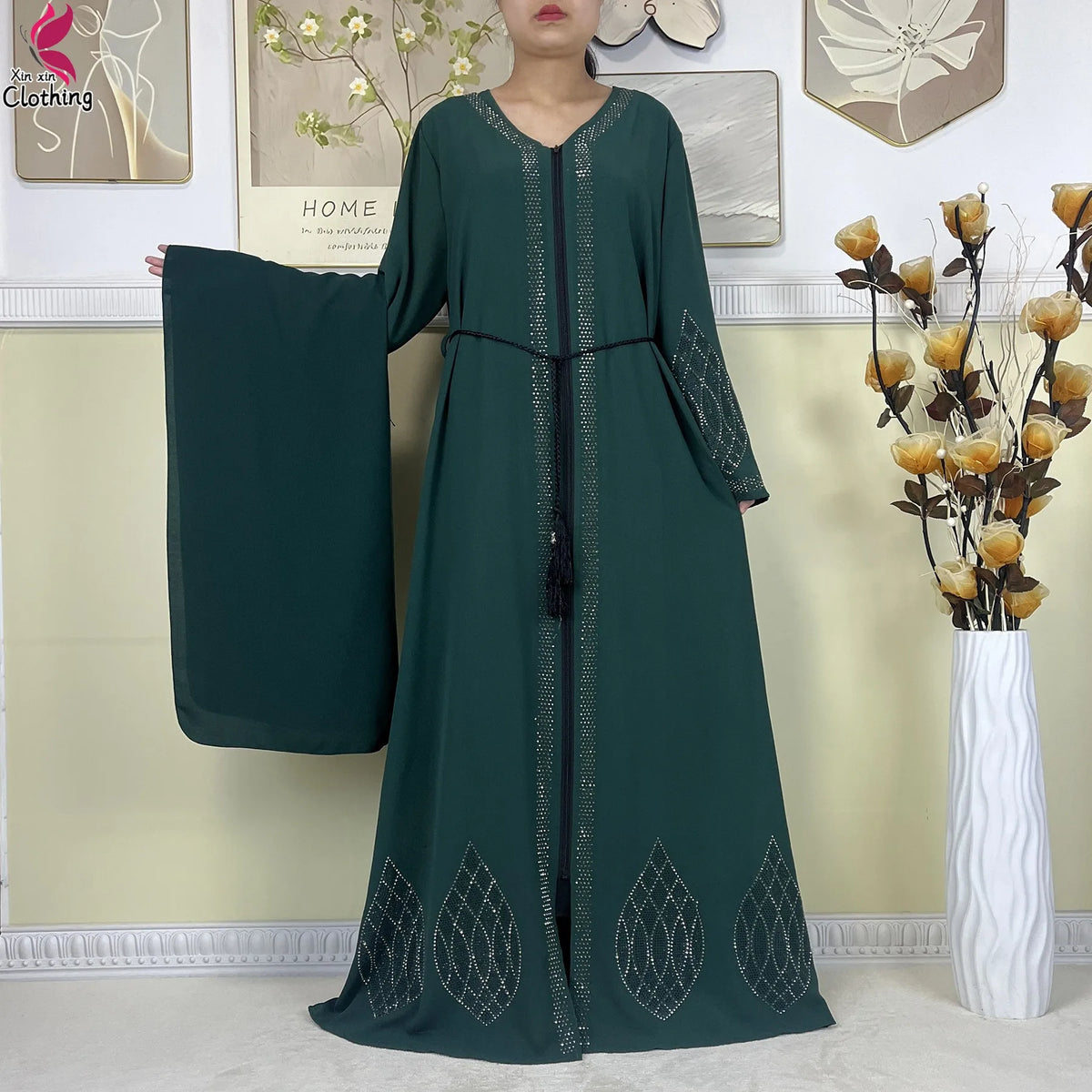 Forest green Leaf abaya with belt and hem decoration