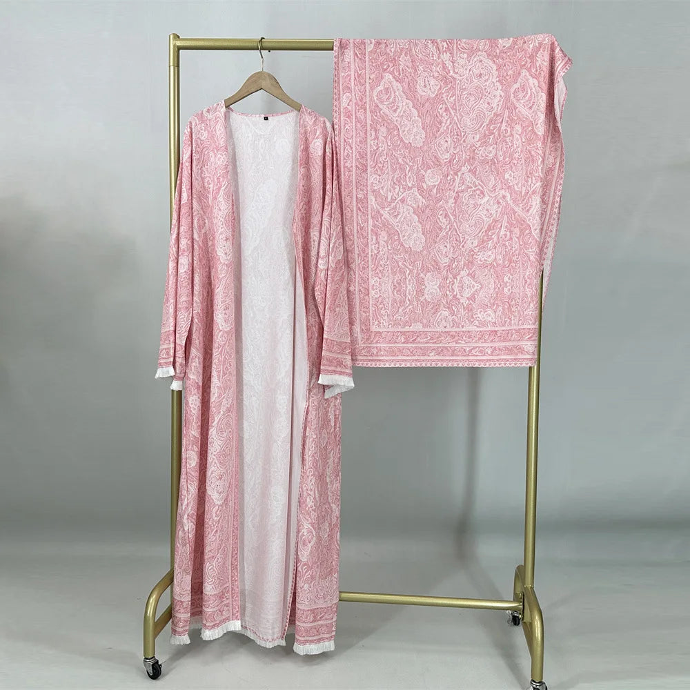 HIA Rose Paisley Open Abaya & Hijab Set — abaya and matching hijab displayed together