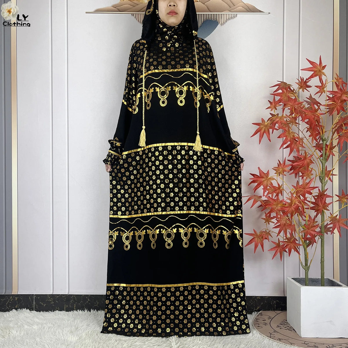 Gold-Motif Hooded Prayer Dress in Gold Print 01 — HIA